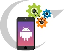 Smartphone displaying Android logo with colorful gears in the background.