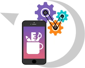 Graphic representation of a smartphone with design tools and gears in the background.
