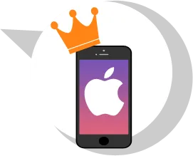 Smartphone displaying the Apple logo with a crown icon above it on a circular background.