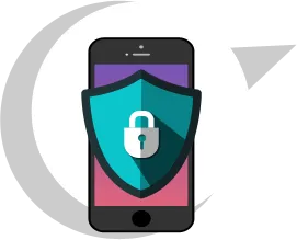 Graphic of a smartphone with a shield and padlock symbol indicating security.